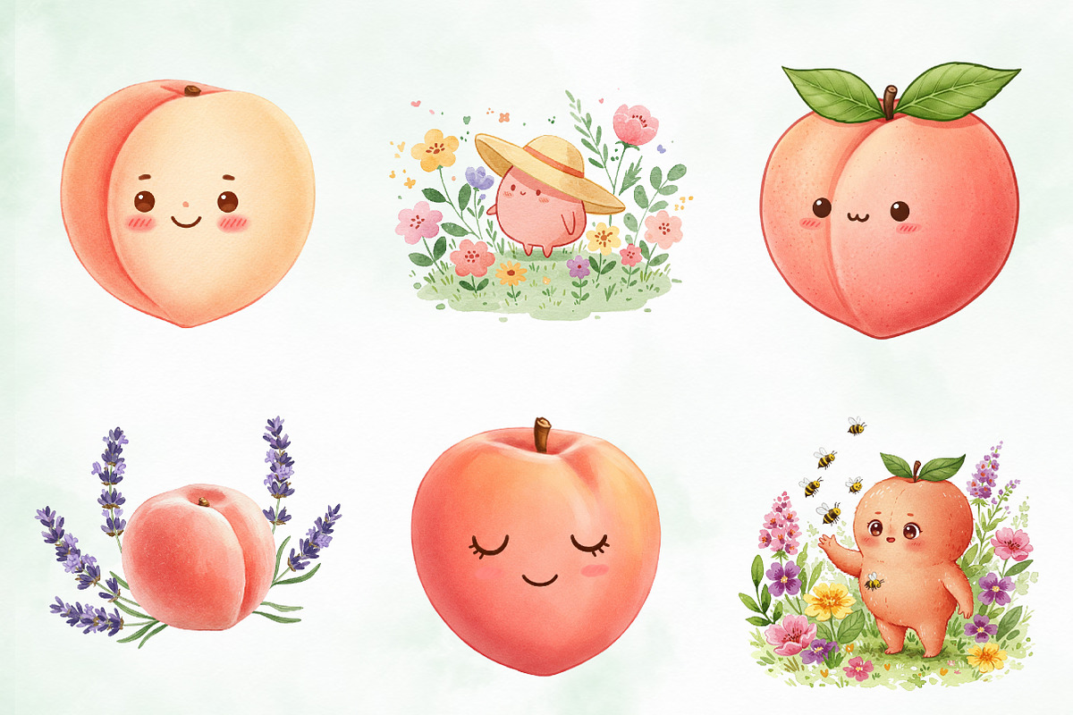 Watercolor Cute Peaches Garden Fruit, an Illustration by Creative Art (Photo 4 of 10)