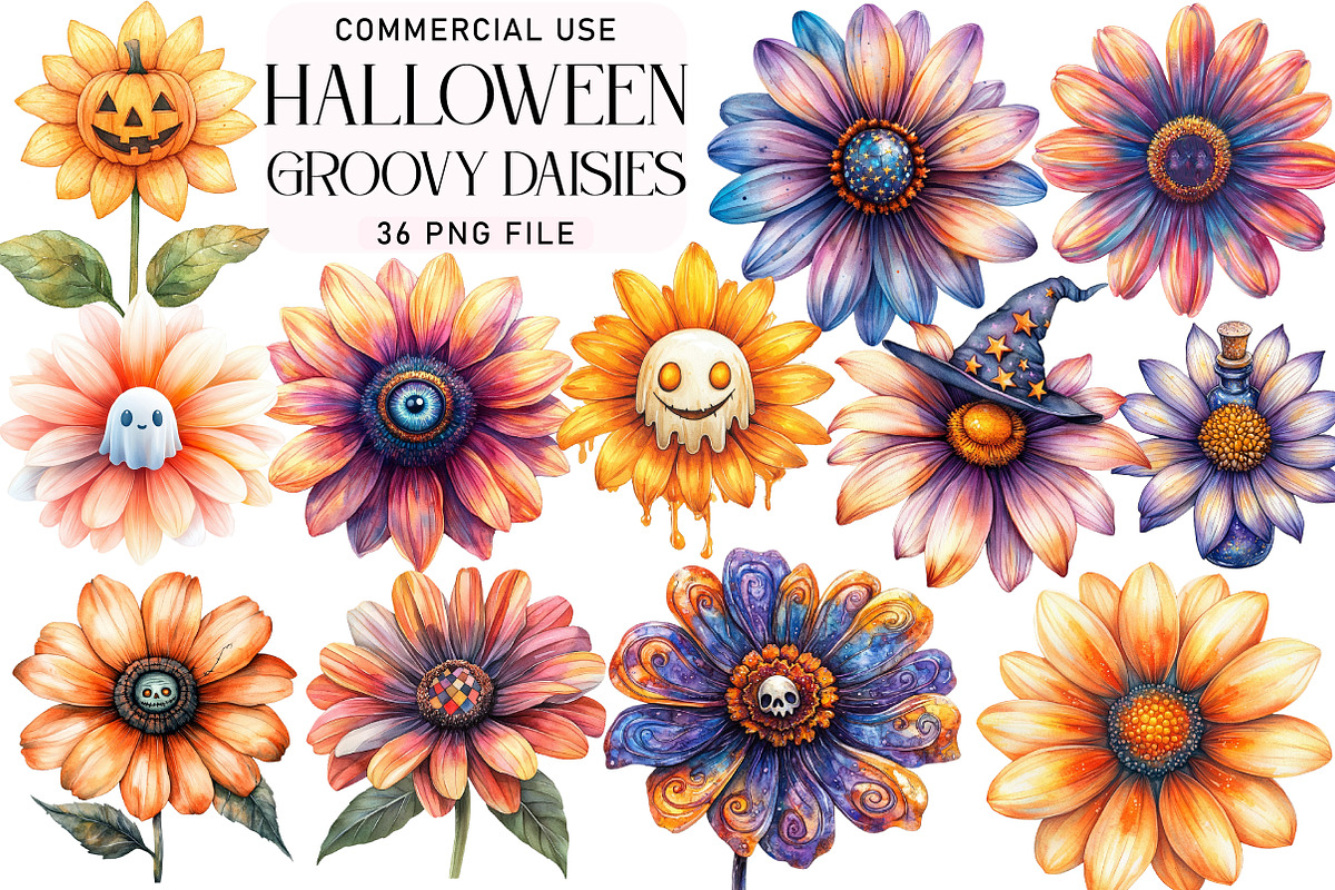Groovy Halloween Daisies Clipart, an Illustration by Daily.Designs (Photo 1 of 3)