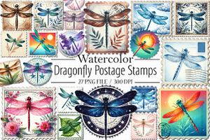 Dragonfly Postage Stamps Clipart, an Illustration by Libby Wishes