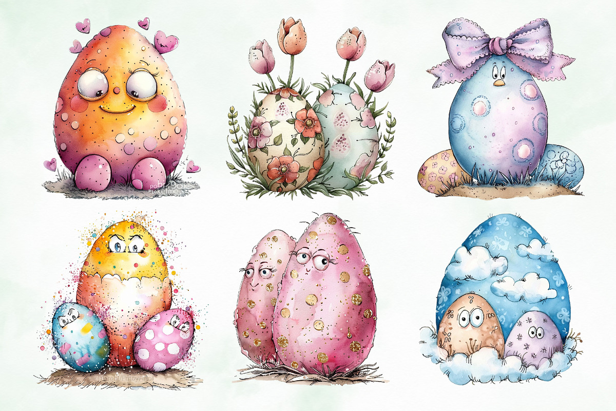 Watercolor Easter Cute Eggs Clipart, an Illustration by Creative Art (Photo 4 of 7)