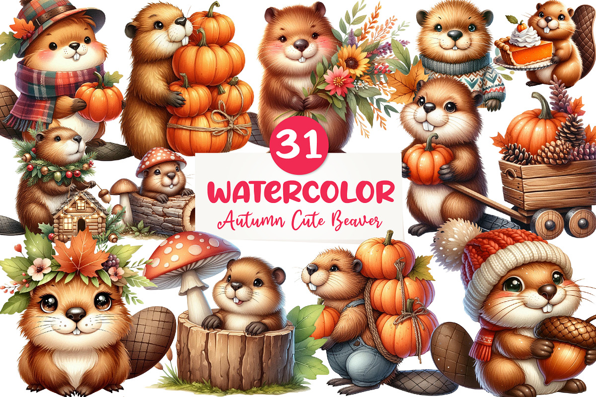 Watercolor Autumn Cute Beaver, an Illustration by CreationArt (Photo 1 of 9)