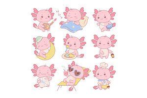 Axolotl characters. Baby axolotls, an Animal Illustration by Valerie Bodnar