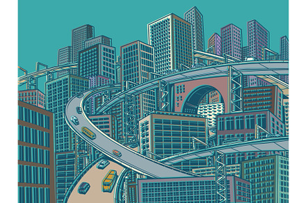 Megapolis city with many roads high