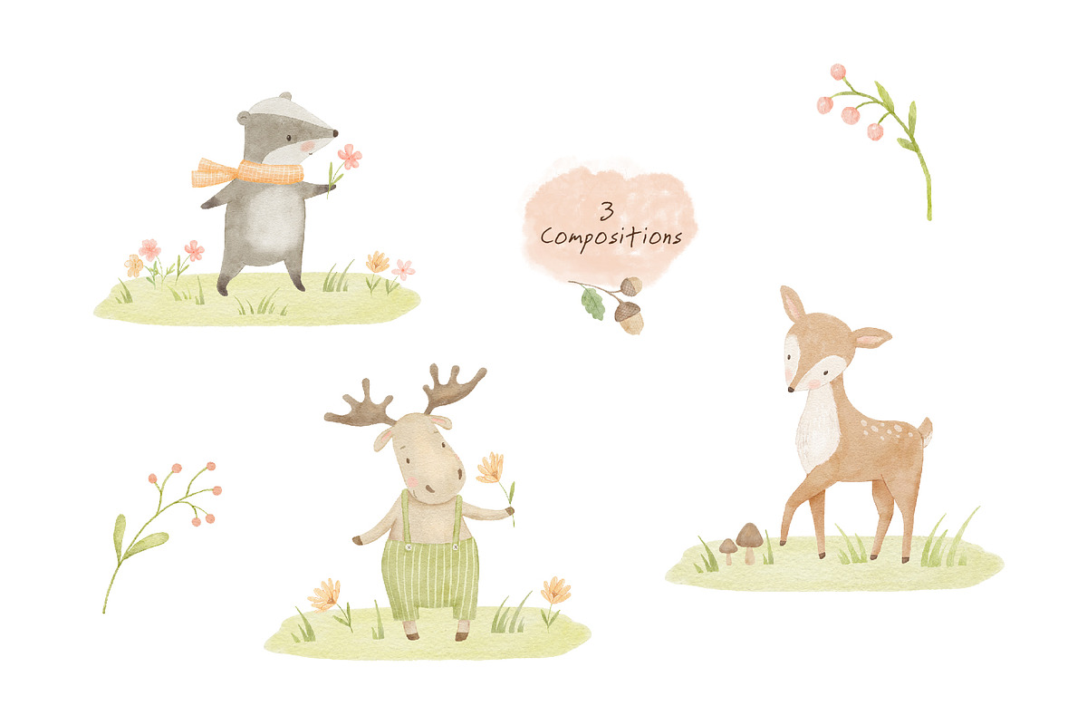 Woodland Birthday Watercolor Animals, an Animal Illustration by ElenaPlatovaArt (Photo 10 of 22)