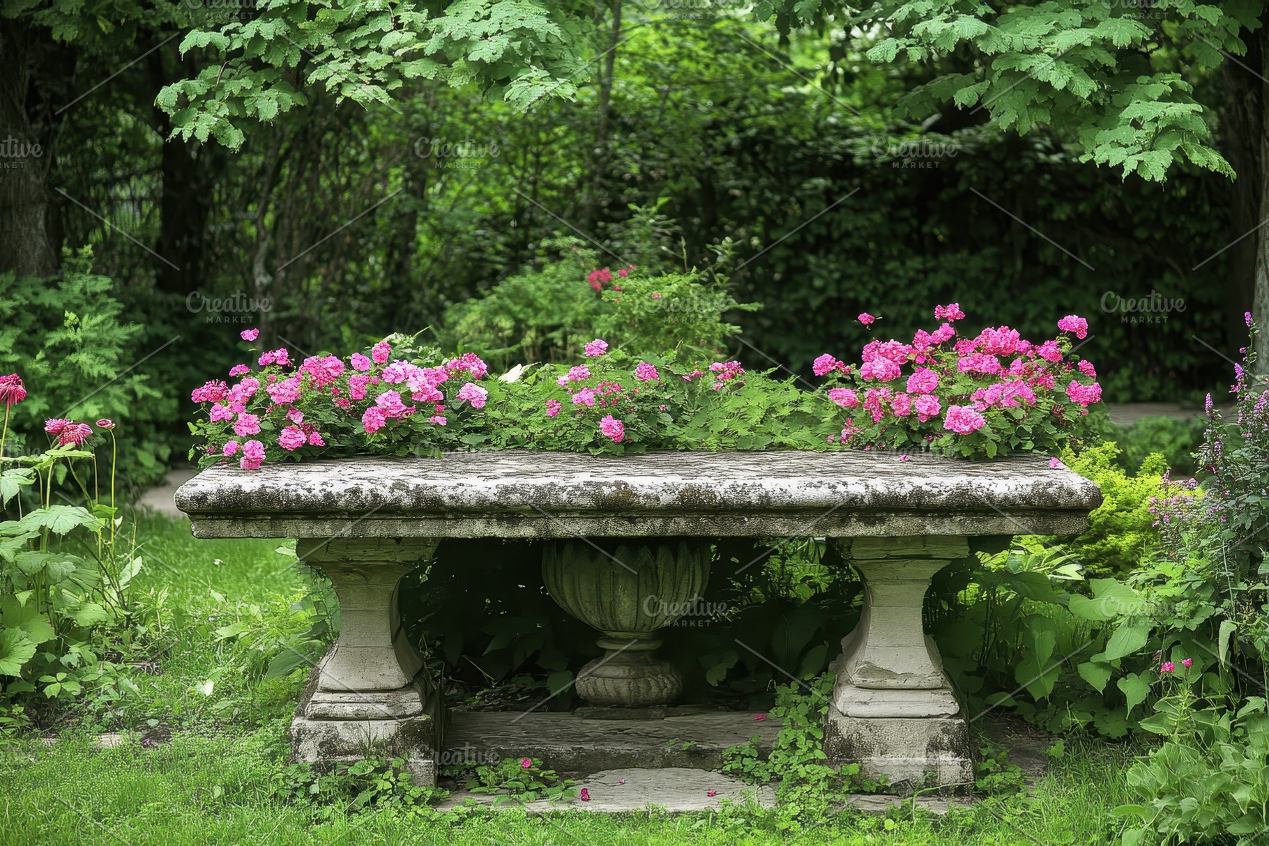 Weathered stone table surrounded, a Photo by Pavel_design