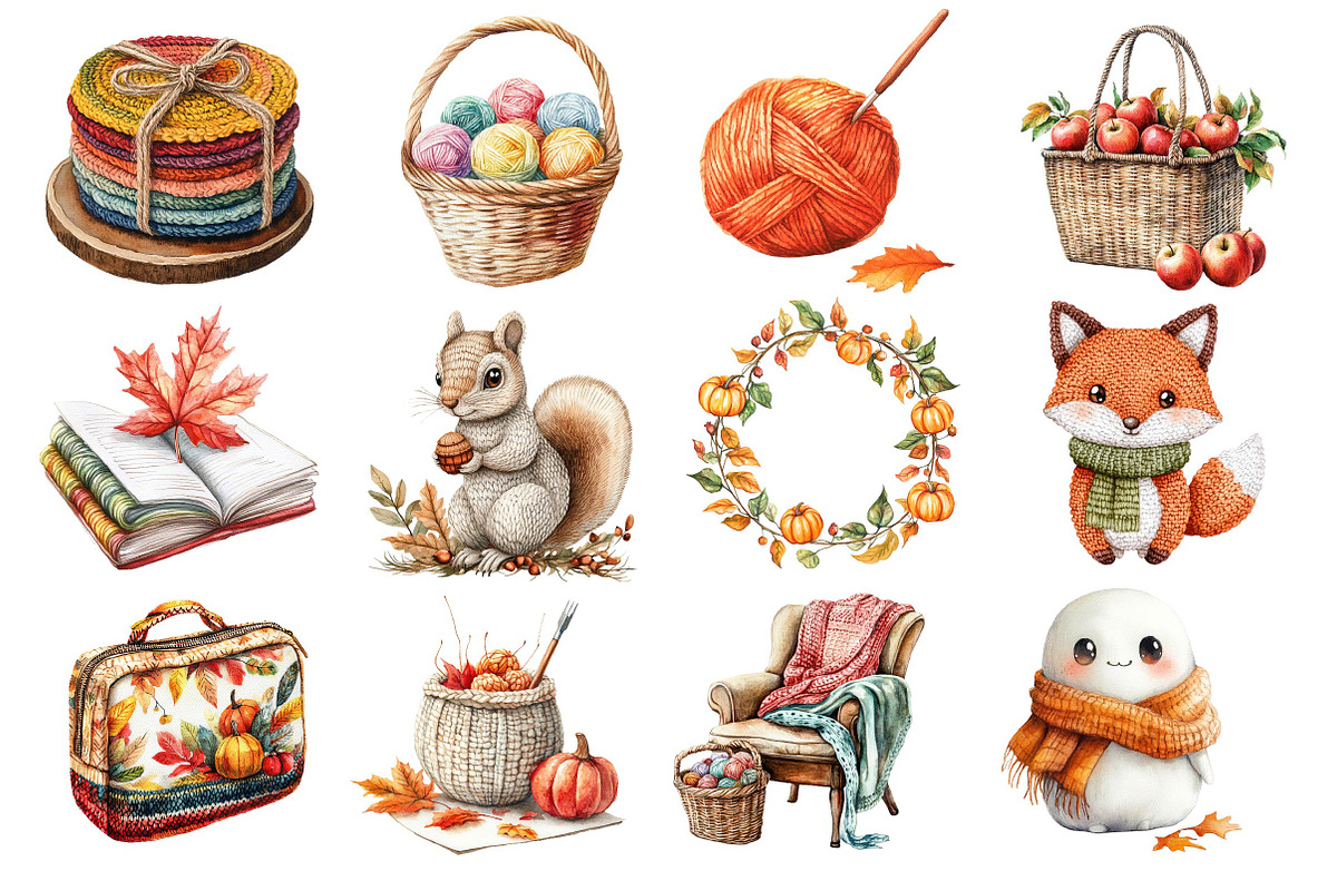Watercolor Crochet Autumn Clipart, an Illustration by Dream Creation (Photo 3 of 4)