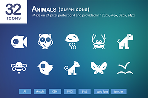 32 Animals Glyph Icons