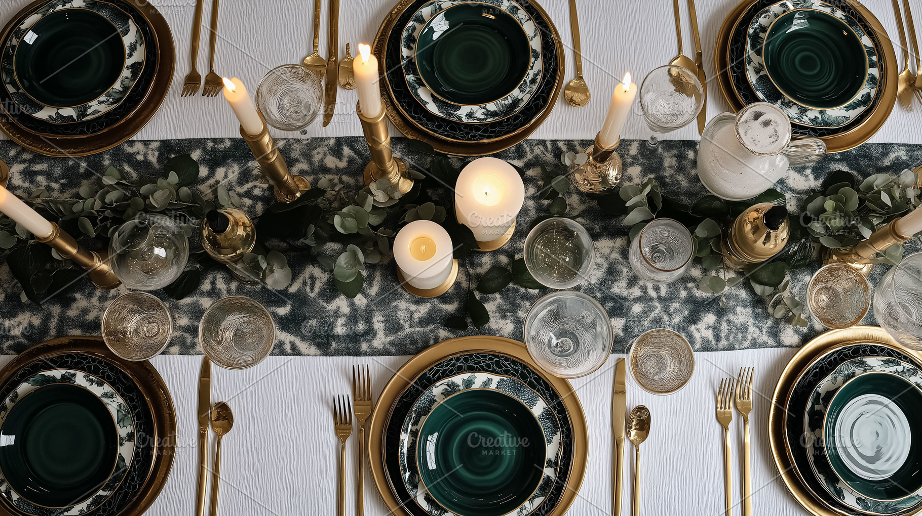 Elegant dining table setting for a dinner party, featuring green and gold decor, a Food & Drink Photo by Studio ANNA