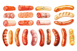 Watercolor sausages. Tasty bbq hot, a Food Illustration by Stock-Smart-Start