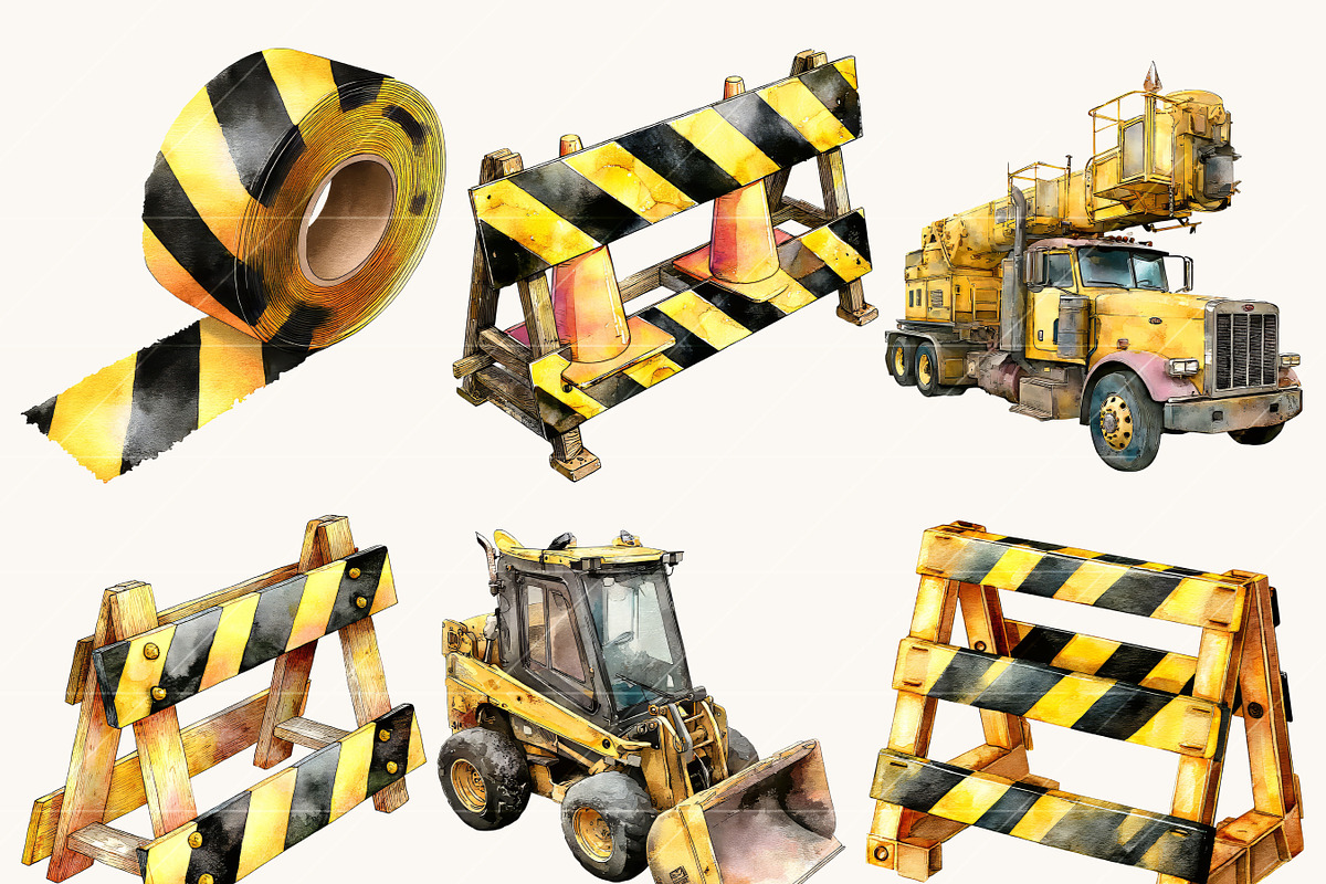 Watercolor Construction Vehicles, a Transportation Illustration by BusyDaydesign (Photo 3 of 10)