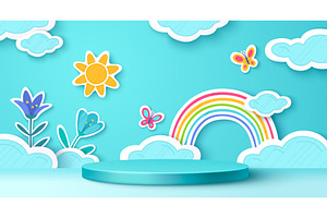 Paper cut rainbow scene with blue, an Illustration by art PVP - market