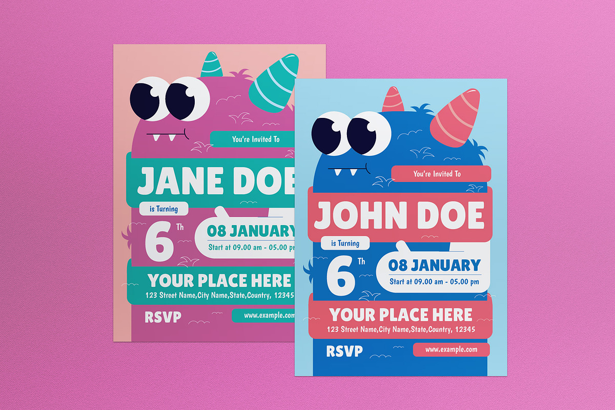 Pink Flat Kids Birthday Invitation, an Invitation Template by graphicook (Photo 1 of 3)