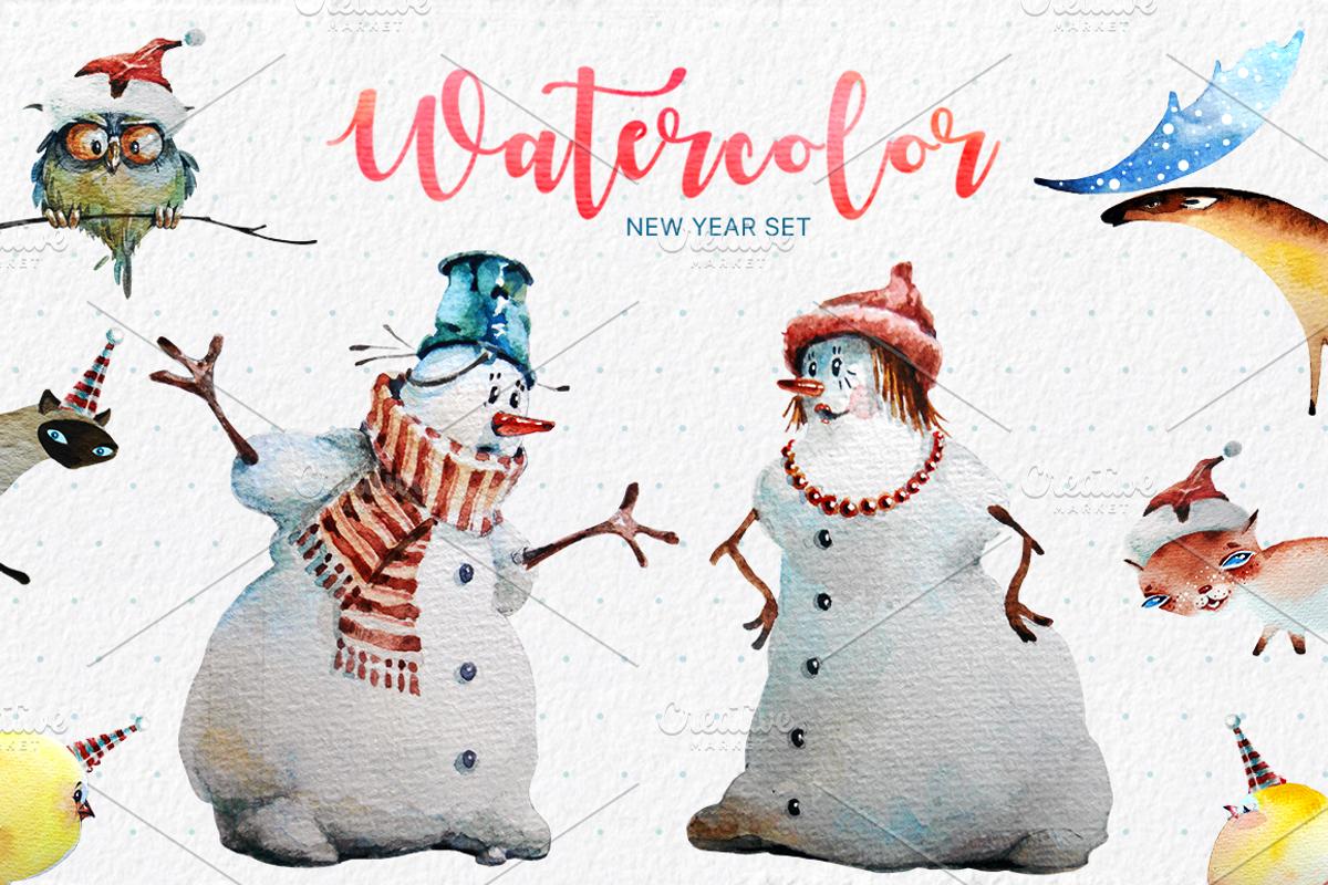 Watercolor New Year Set, an Illustration by dm_art (Photo 1 of 6)