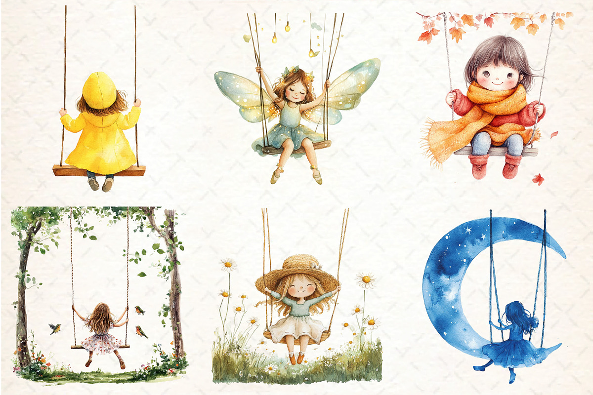 Watercolor Cute Girl on a Swing PNG, an Illustration by DreamCafeArt (Photo 3 of 8)
