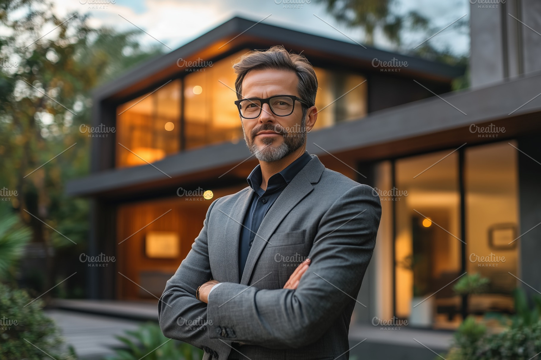 A confident realtor man in a suit stands with arms crossed outside a modern hou, a Person Photo by Textures & Backgrounds