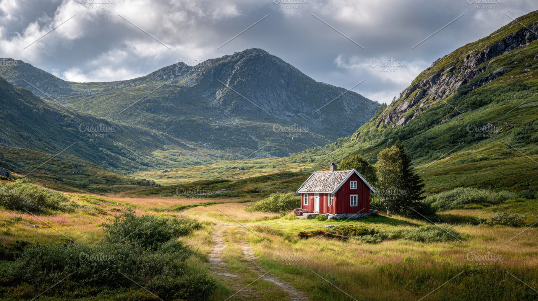 Red house in green valley, a Photo by Beautiful things
