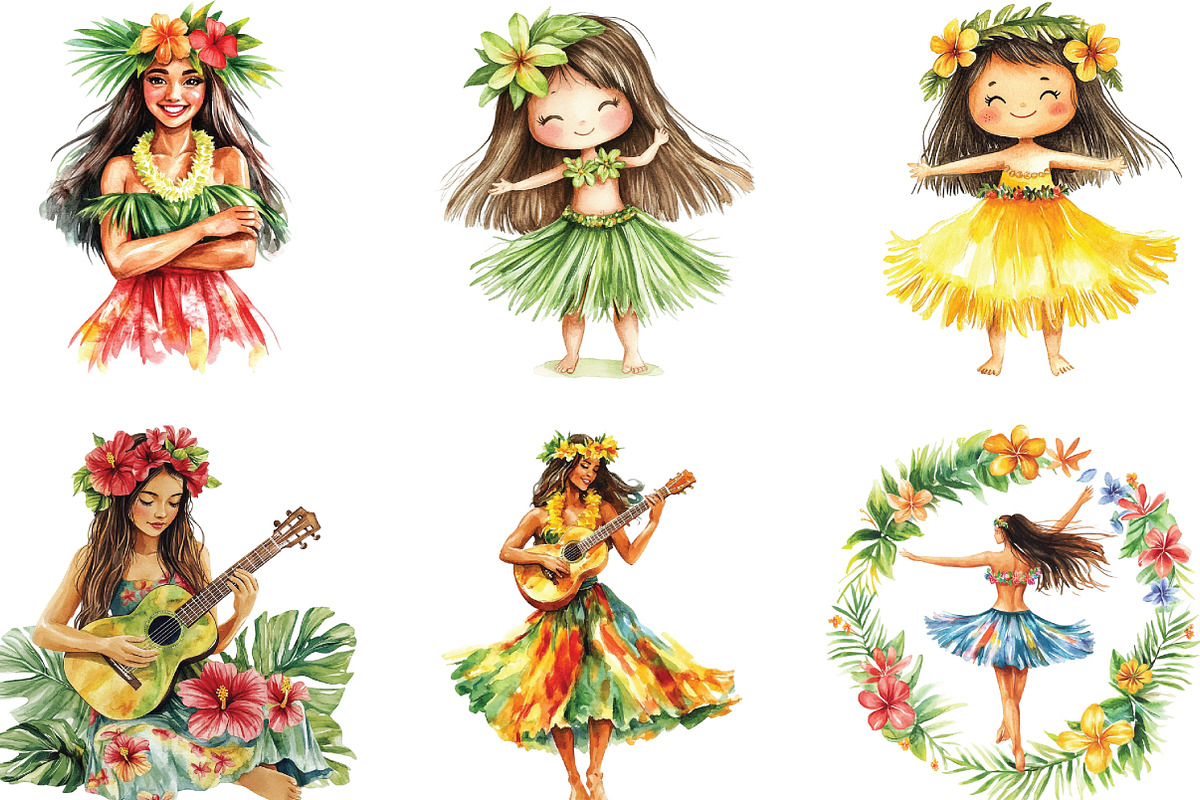Hawaiian Hula Girls Watercolor Clipa, an Illustration by CraftArtStudio (Photo 2 of 6)
