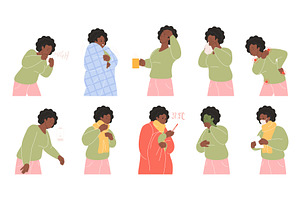 Sick woman cold and flu symptoms set, an Object Illustration by Lemberg Vector