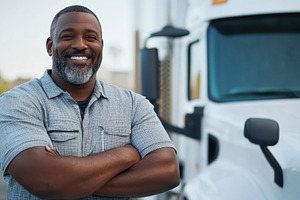Smiling driver stands beside a truck, a Photo by Beautiful things