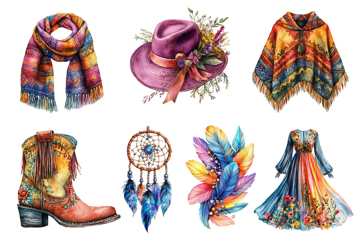 Watercolor Boho Fashion Clipart, an Illustration by Dream Creation (Photo 2 of 6)