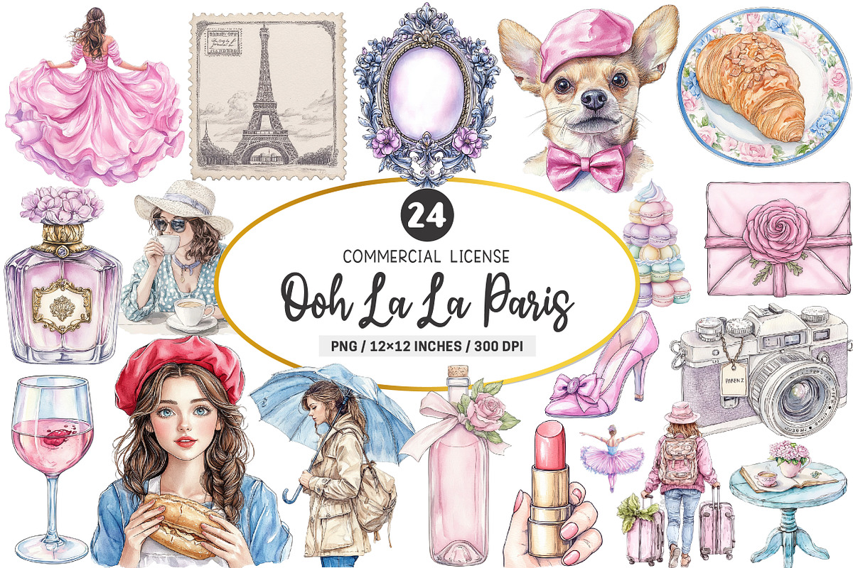 Ooh La La Paris Watercolor Clipart, an Illustration by SinaCreation (Photo 1 of 5)