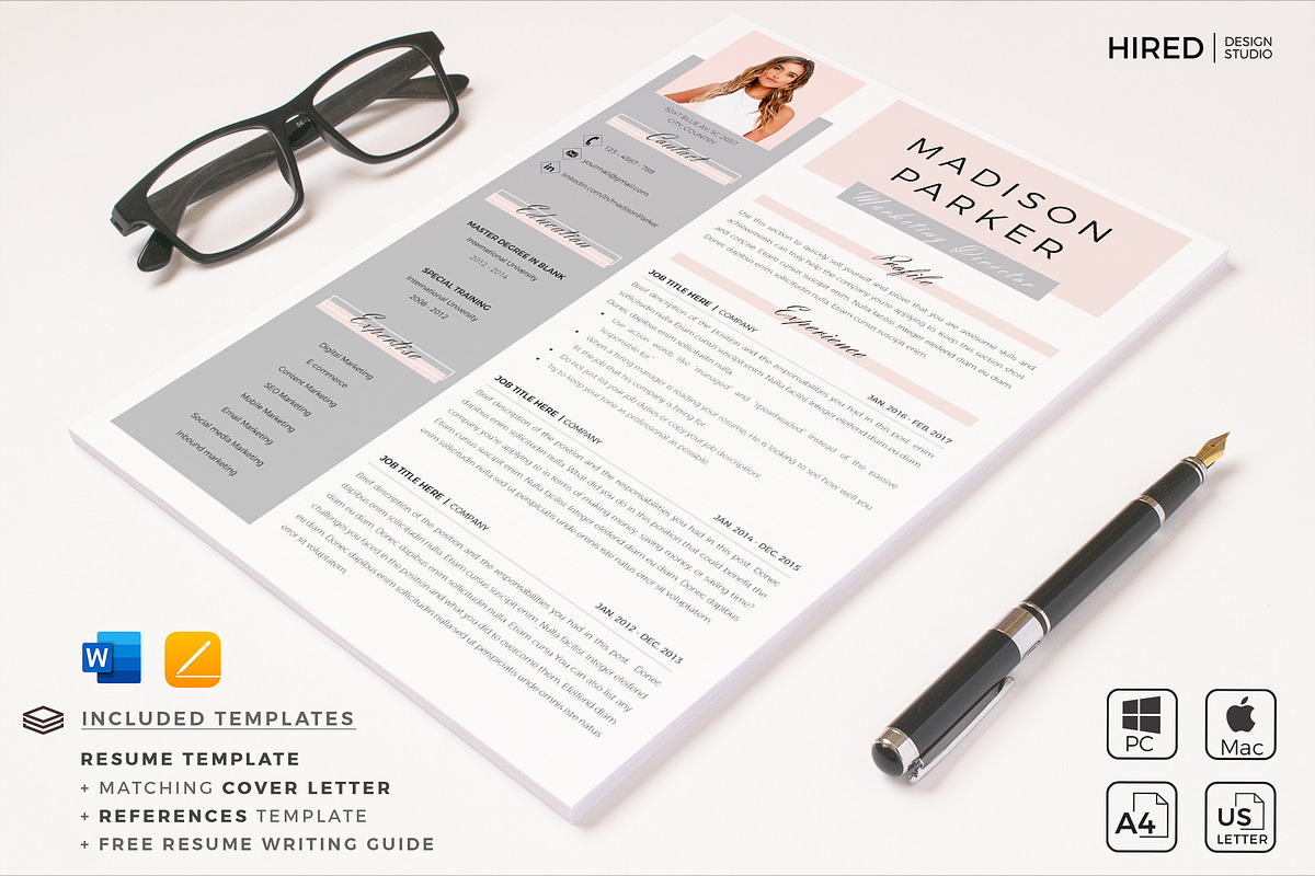 Creative Resume for Word & Pages, a Resume Template by HIRED Design Studio (Photo 8 of 11)