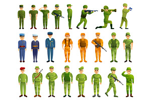 Soldier icons set, cartoon style, a Person Illustration by Ylivdesign