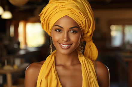Beautiful african american woman in yellow turban at home. Gener, a Beauty & Fashion Photo by AS photostudio