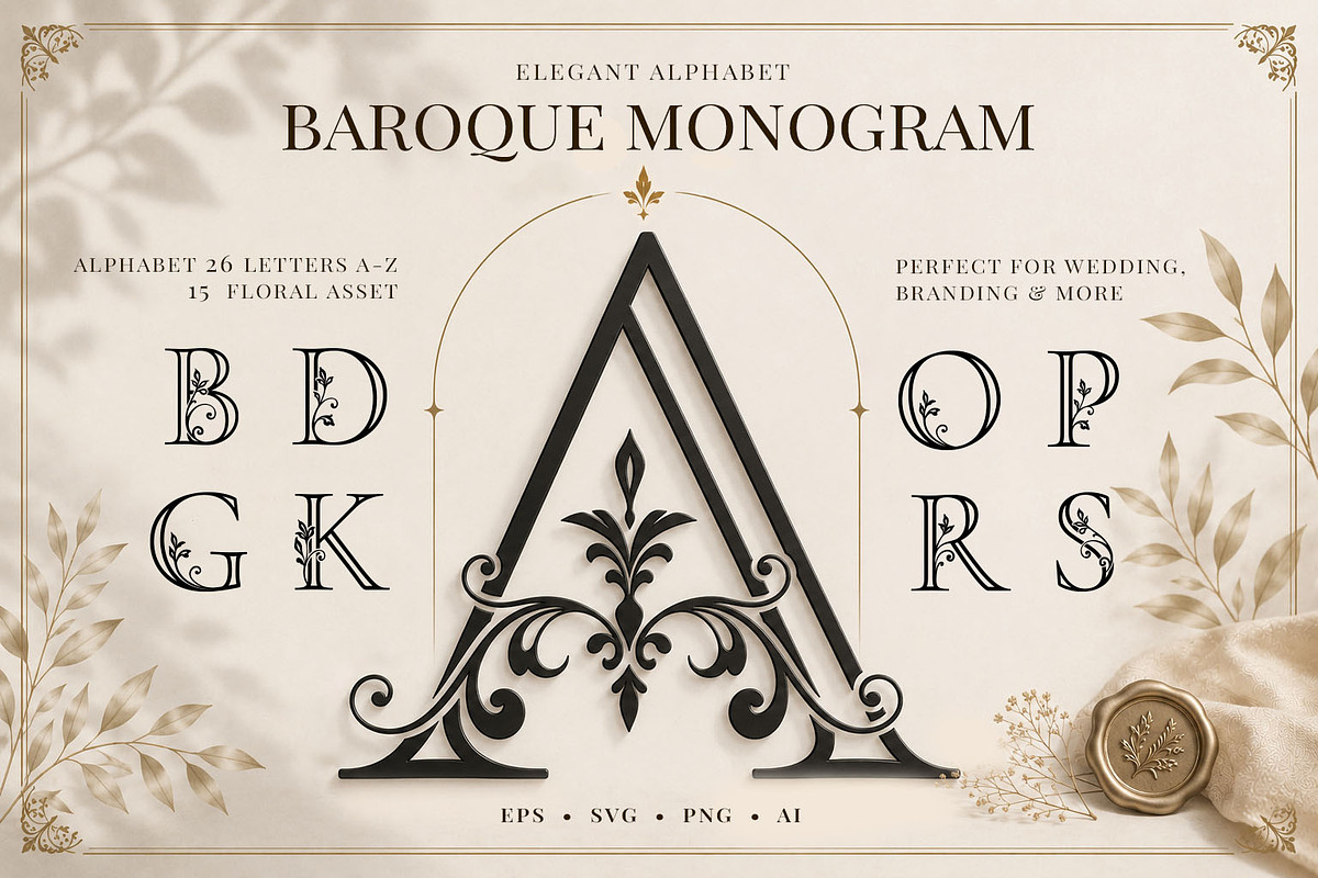 Baroque Monogram Alphabet & Floral, an Object Graphic by Papatongartist (Photo 1 of 5)