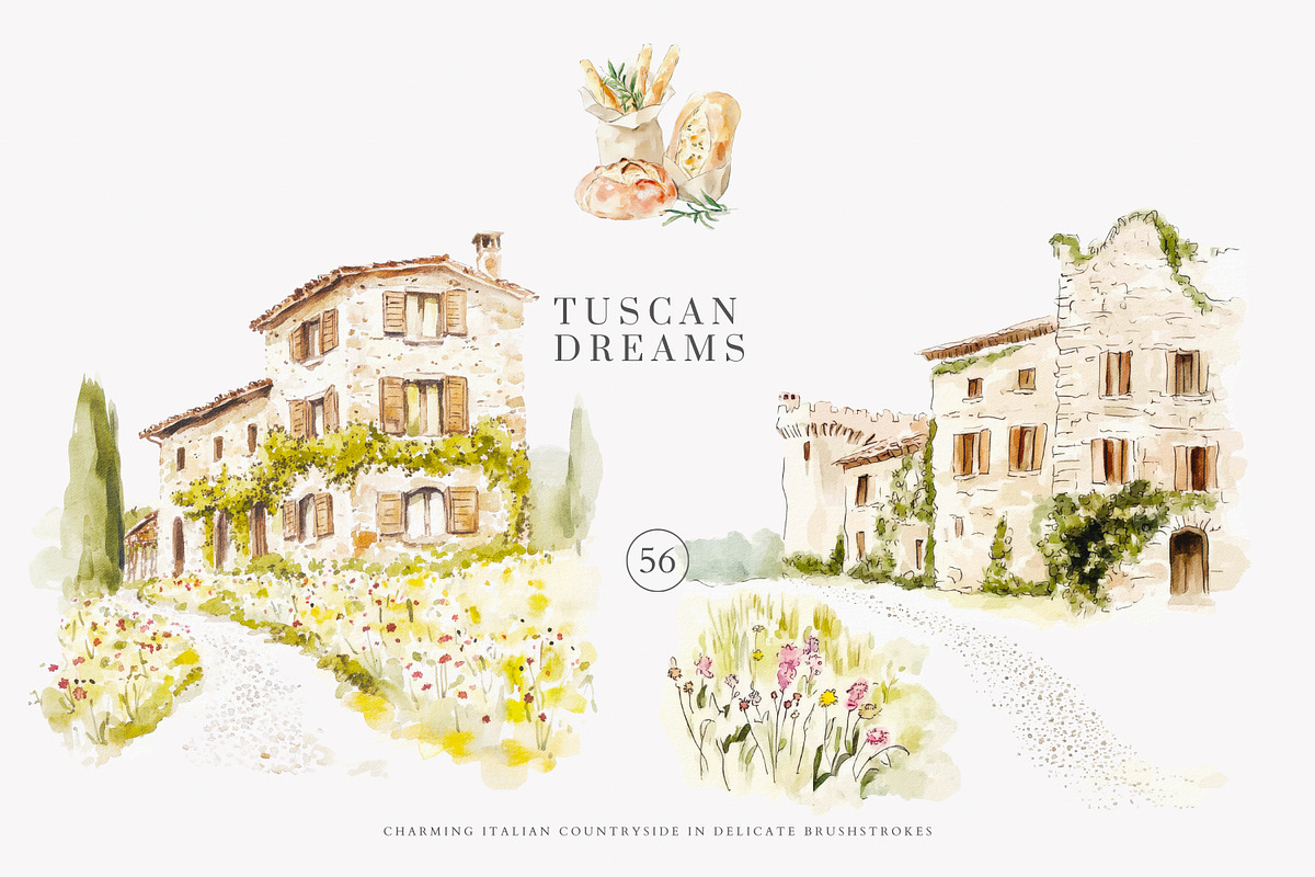Tuscan clipart Italian watercolor, a Decorative Illustration by Patishop Art (Photo 4 of 11)