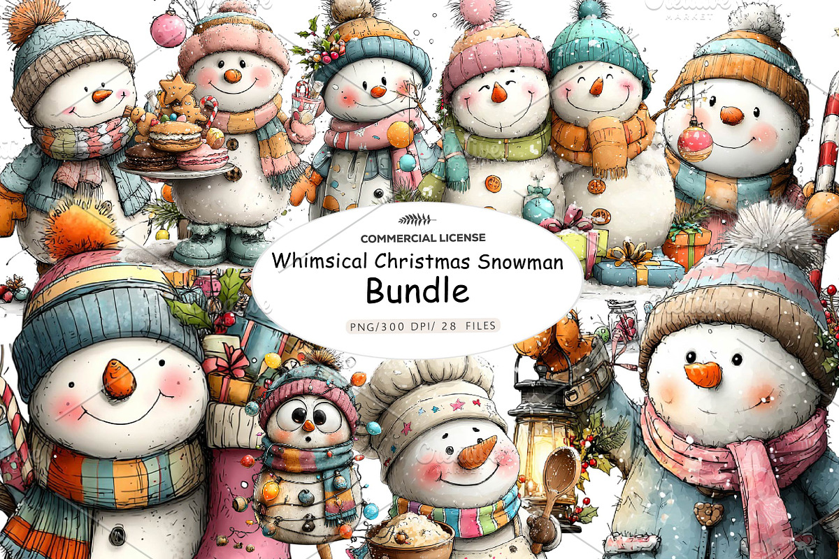 Whimsical Christmas Snowman Clipart, a Seasonal Illustration by CreationArt (Photo 1 of 5)