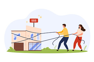 Couple pulling house price concept, an Object Illustration by Flashvector