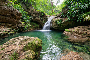 Serene waterfall cascading into tranquil pool surrounded by lush greenery in na, a Photo by AlyaAnd