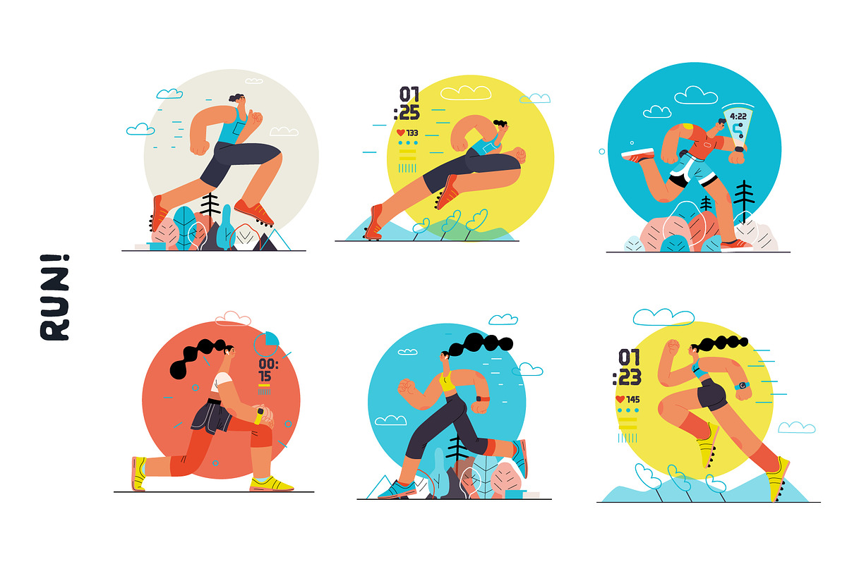 RUN! flat vector illustrations set, a Templates & Theme by Grivina's shop (Photo 7 of 24)