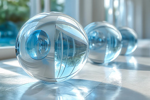 A serene arrangement of glass spheres reflecting soft blue hues, a Background Photo by ImageMir