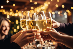Happy friends having fun and toasting sparkling wine glasses close-up against g