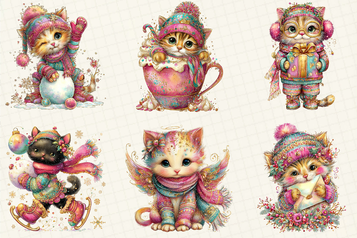 Whimsical Winter Cat Clipart, an Illustration by DreamCafeArt (Photo 3 of 8)