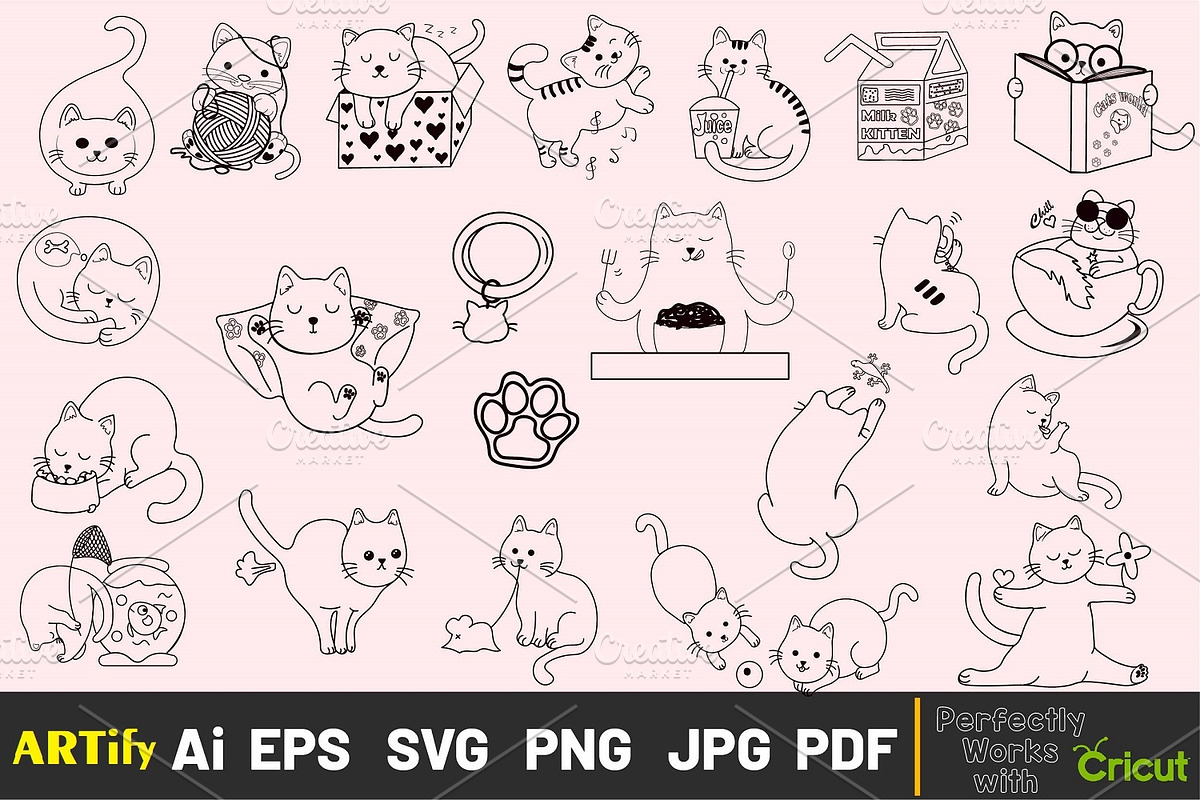 Funny Kawaii Cats Outline Clipart, an Animal Illustration by ARTify Illustrations (Photo 2 of 7)