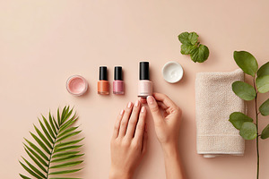 Elegant nail care setup with polishes, towel, and greenery on a neutral backgro, a Photo by AlyaAnd