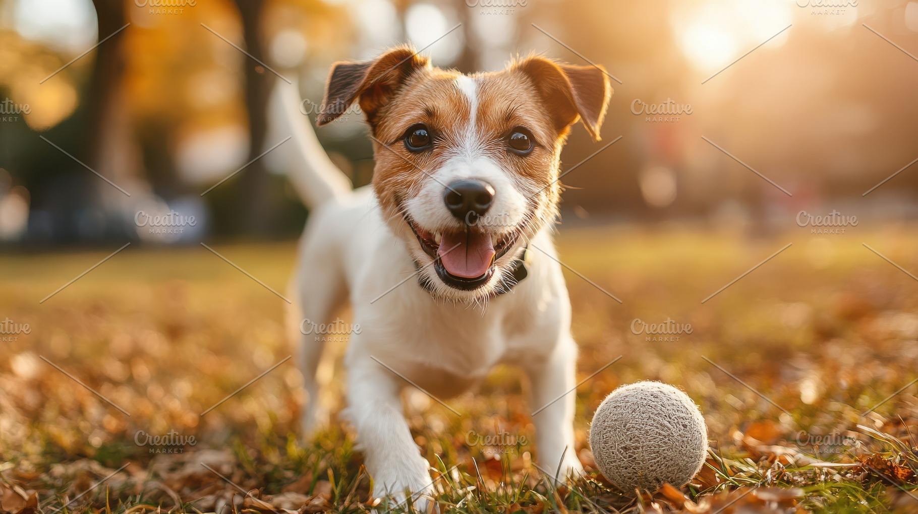 Happy dog playing with a ball in a p, an Animal Photo by Pixeness Studio