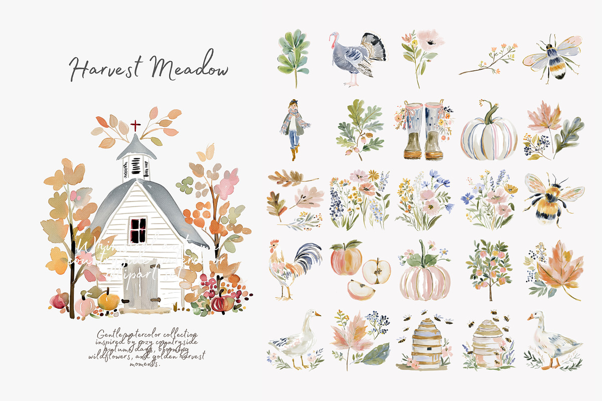 harvest meadow watercolor clipart, a Decorative Illustration by Patishop Art (Photo 10 of 10)