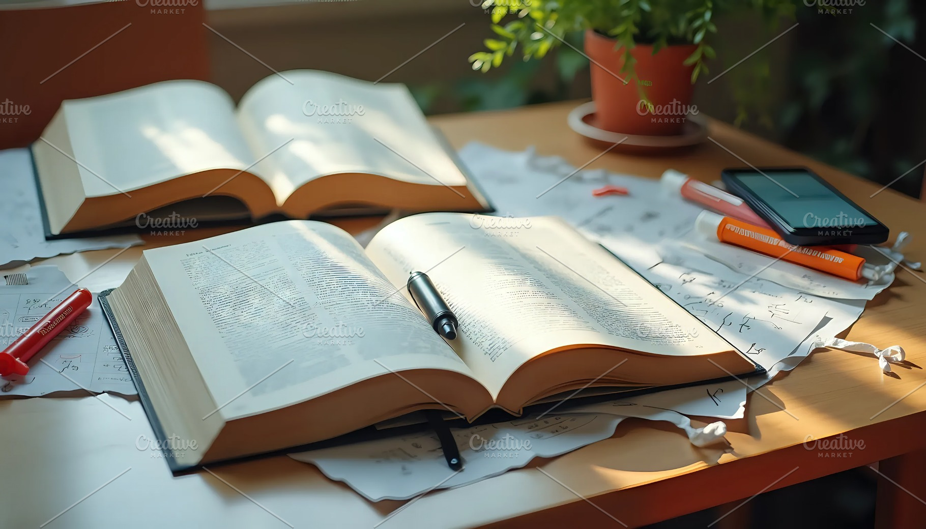 Study Table With Open Books And Note, a Photo by LOGOCREATIVE