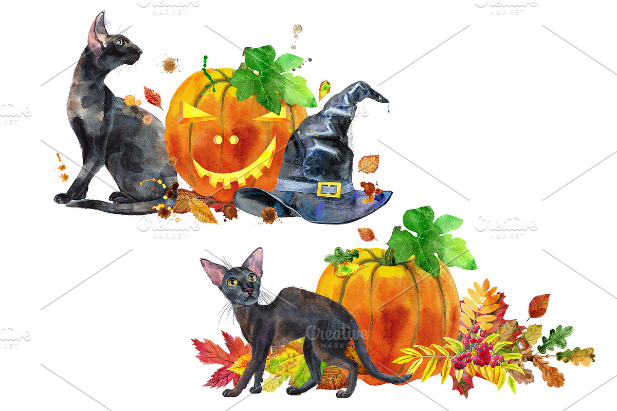 Black cats and pumpkins, an Animal Illustration by Watercolor fantasy (Photo 3 of 4)