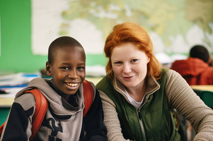 African refugee boy and his school teacher are in a classroom, a Photo by zakiroff