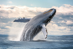 A  blue whale breaches the ocean, a Photo by Pavel_design