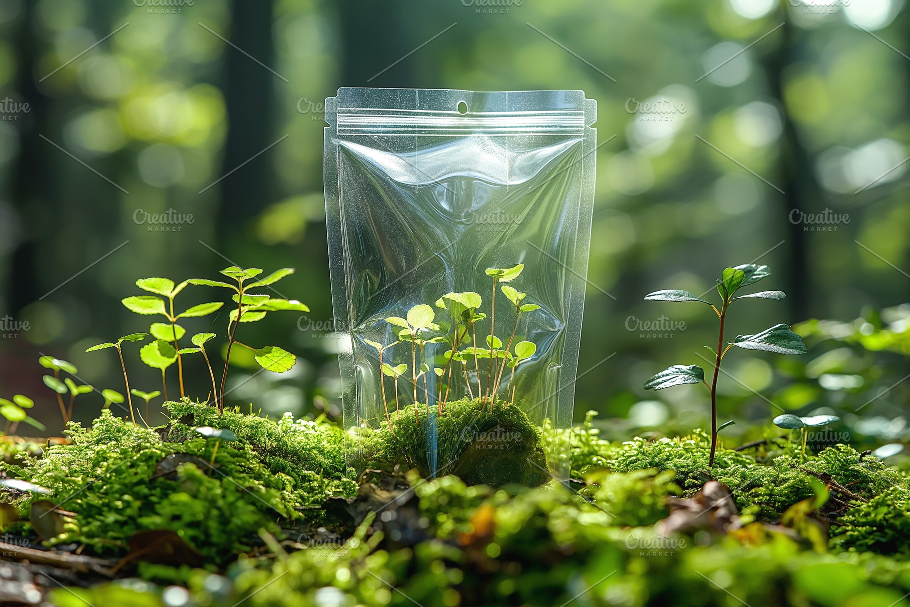 A vibrant green plant growing in a forest, protected by a clear, resealable bag, a Business Photo by ImageMir