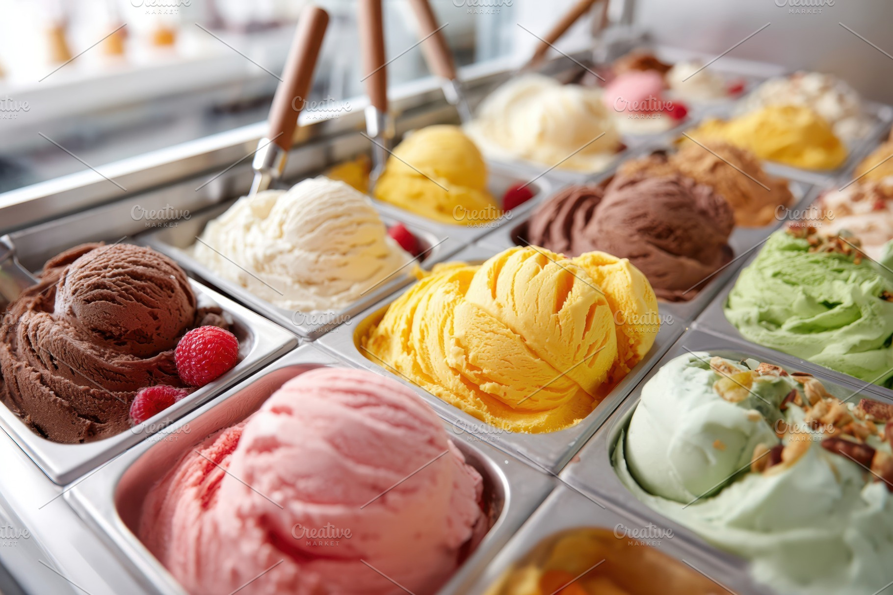 Assorted ice cream flavors in display tubs, a Food & Drink Photo by AlyaAnd