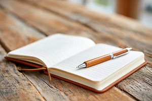 Open journal and pen resting on a wooden table with natural light illuminating, a Photo by AlyaAnd