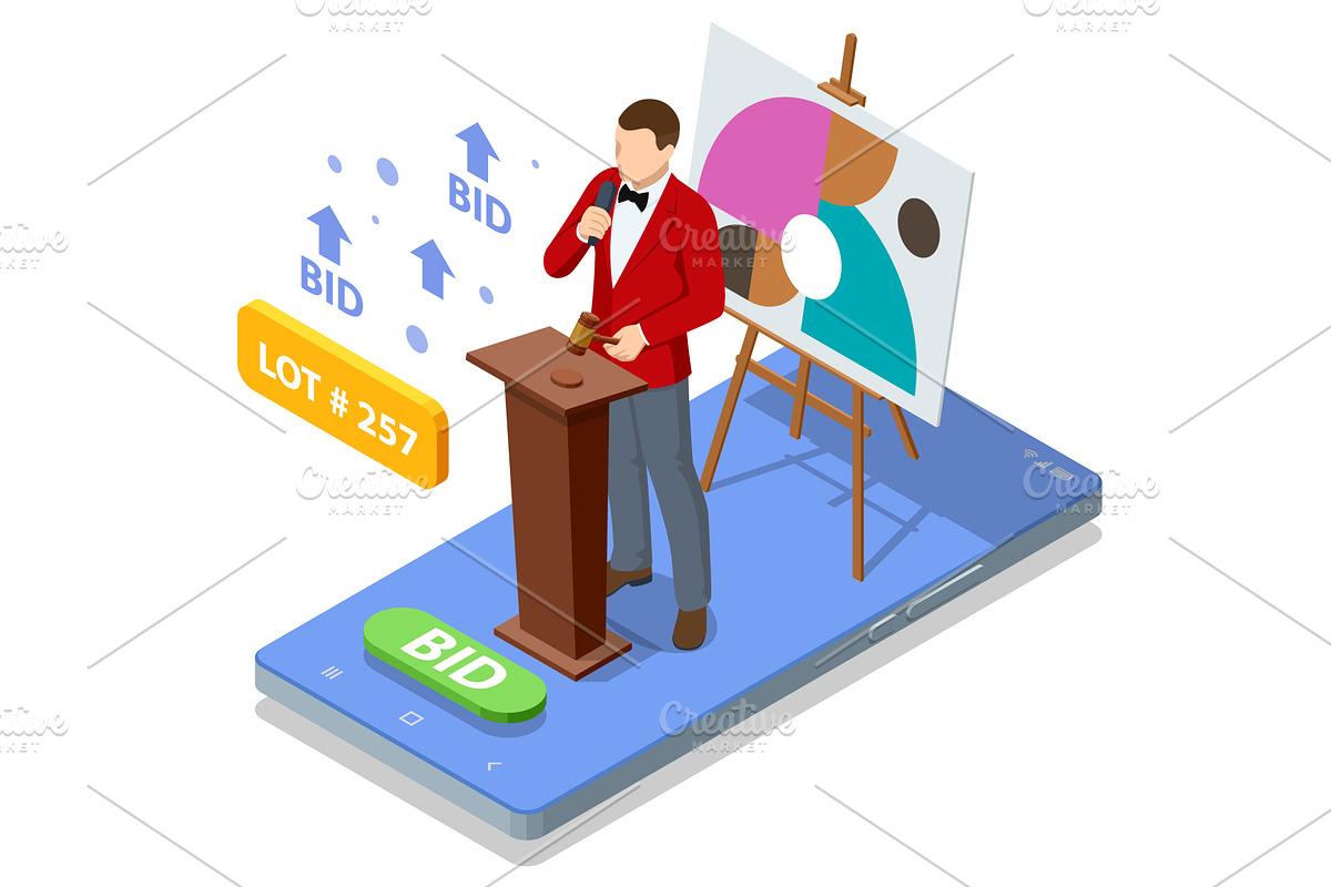 Isometric smartphone with auctioneer, an Object Illustration by Golden Sikorka