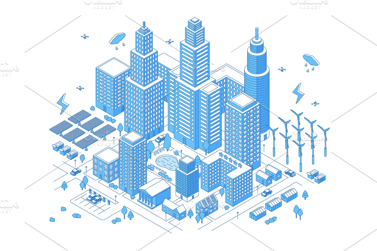 Isometric smart energy city. Modern, an Object Illustration by Valerie Bodnar